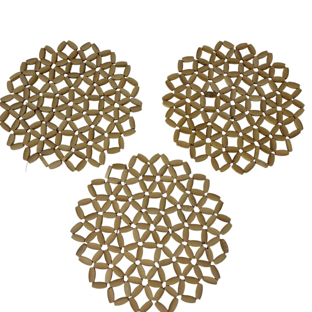 Vintage Wooden Trivet Set 3 Mid Century Boho Hot Pad Table Mats Floral Decor